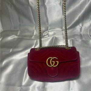 Gucci Red Velvet GG Marmont Chain Crossbody